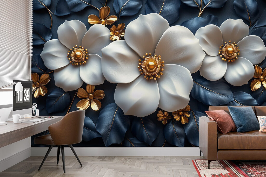 White flowers, midnight blue — interior 2