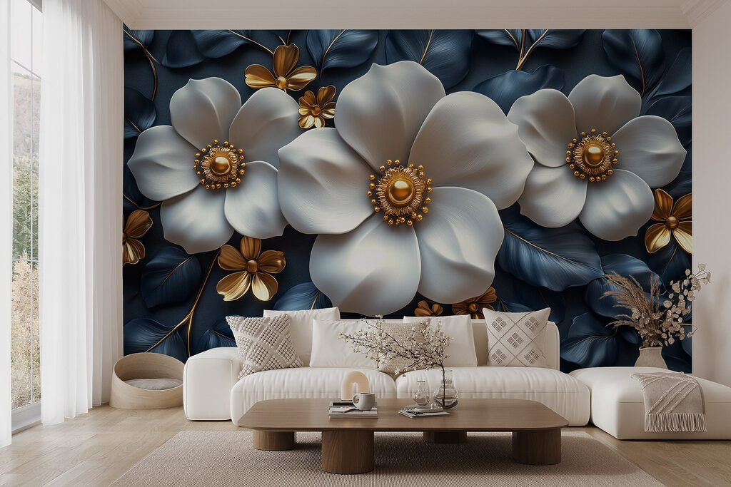 White flowers, midnight blue — interior 3