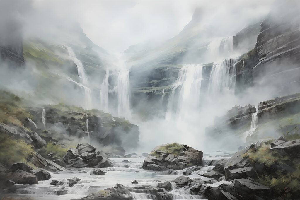 Waterfall over grey rocks — full design
