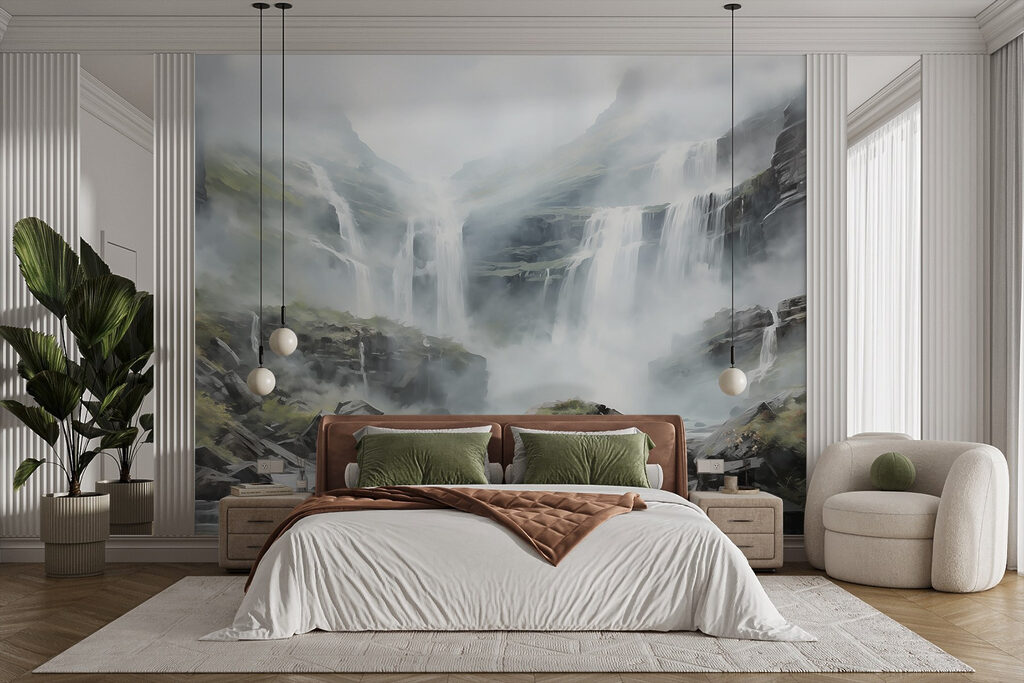 Waterfall over grey rocks — interior 1