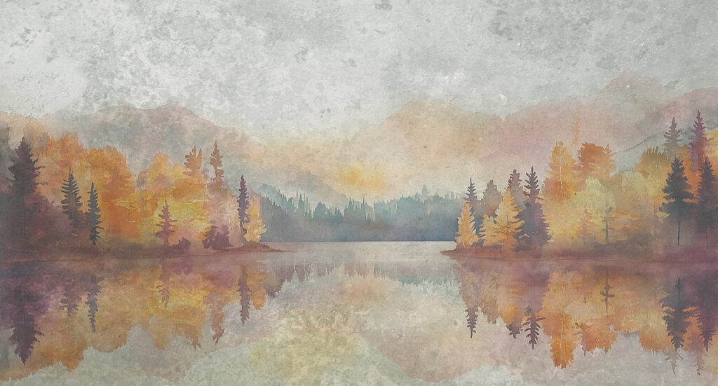 Autumn trees and reflections — full design