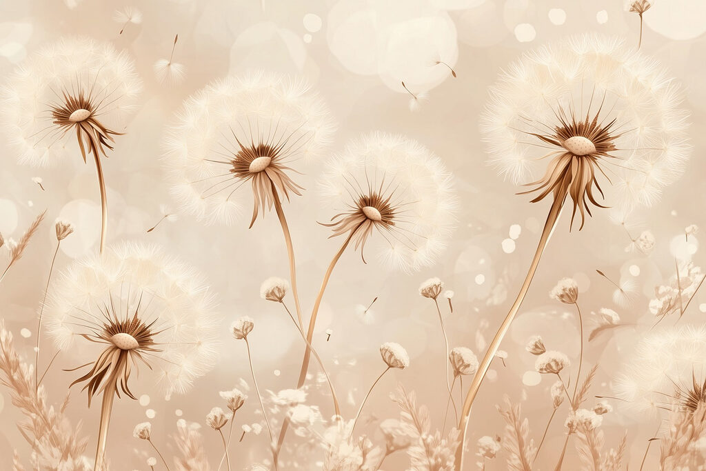 Dandelion seeds in light — full design