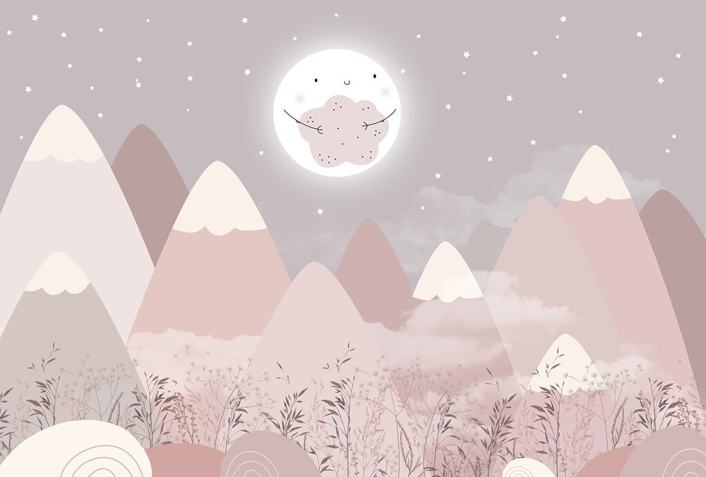 Moon above pink peaks — full design