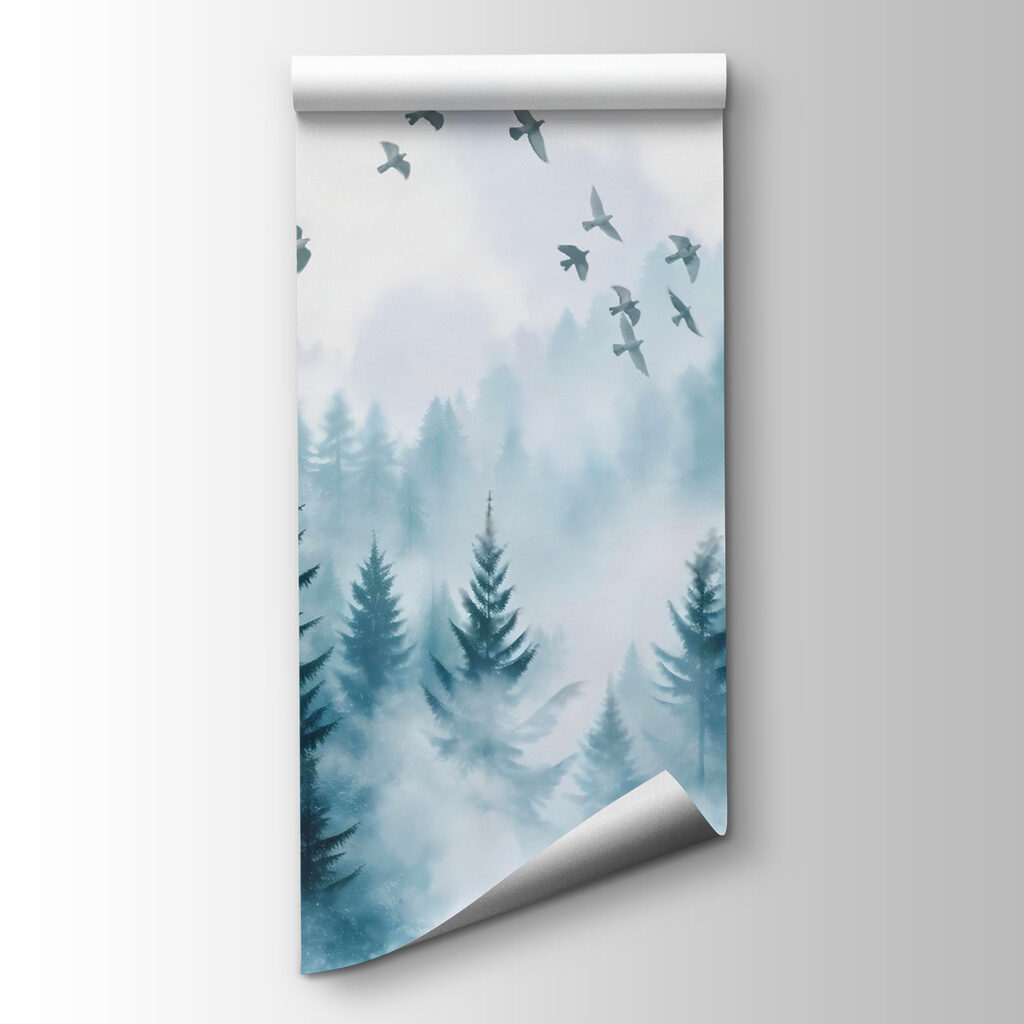 Birds above misty pines — product view