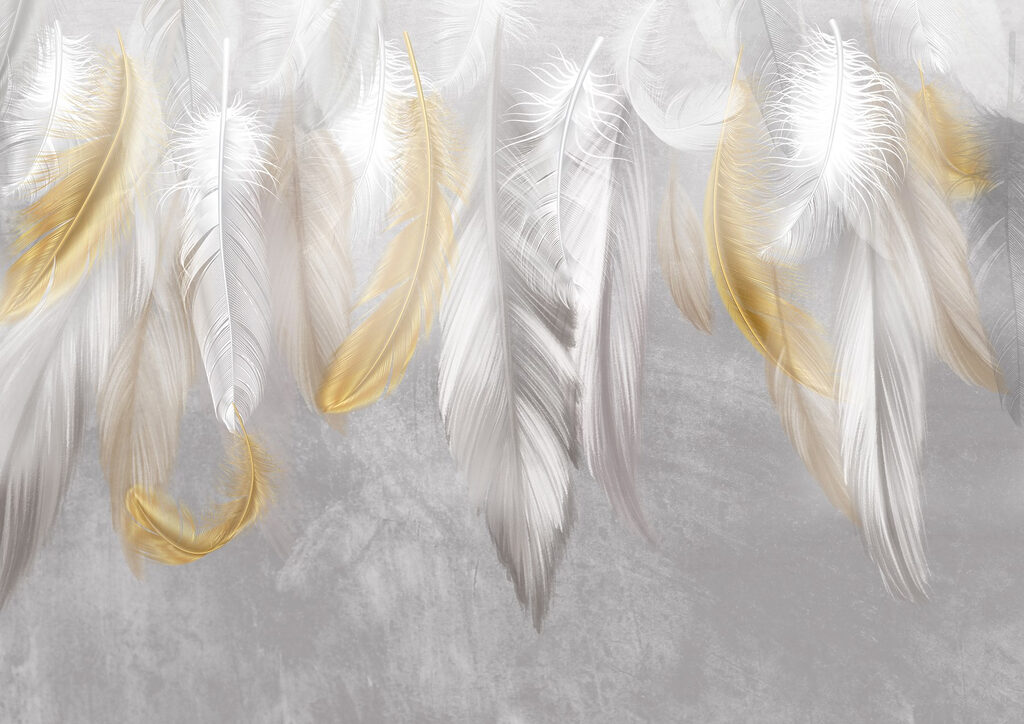 Gold feathers on white — full design