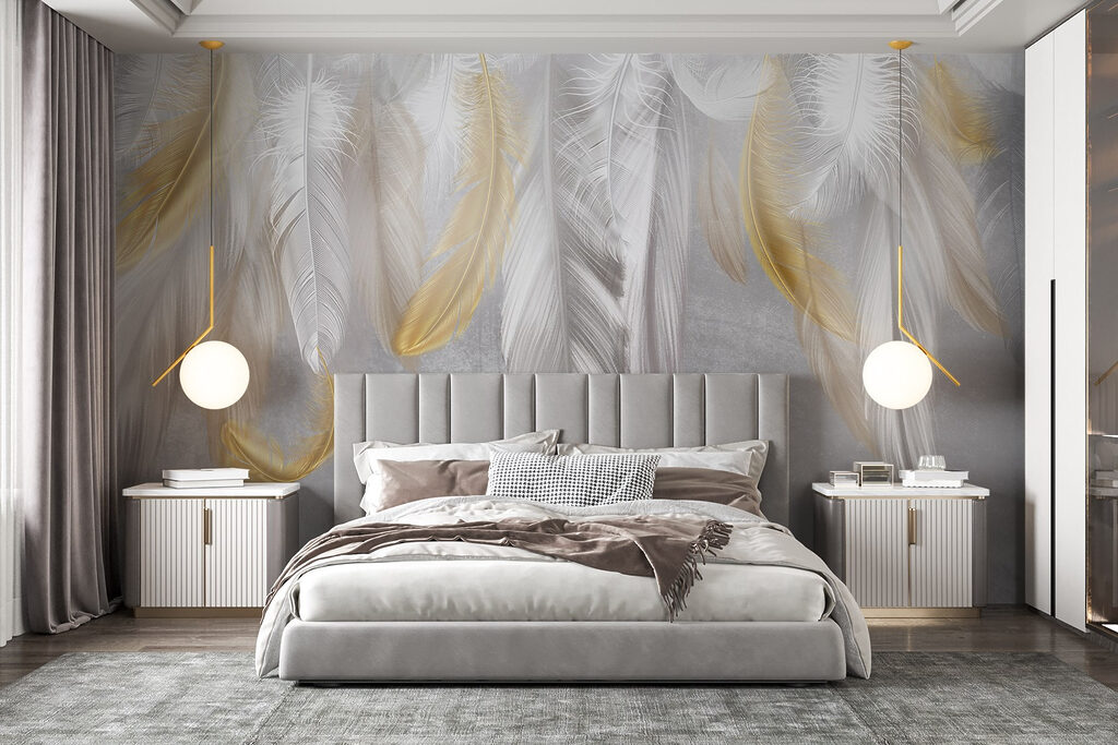 Gold feathers on white — interior 1