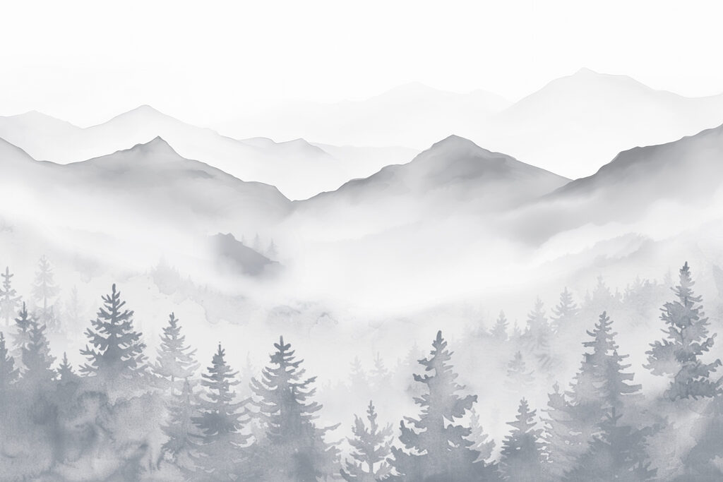 Pines beneath mountain mist — full design