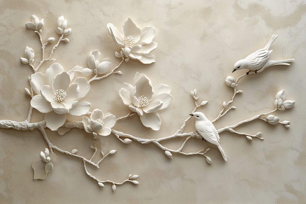 Birds on white blossom — full design
