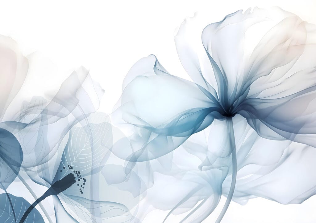 Sky-blue flowers, dark hearts — full design