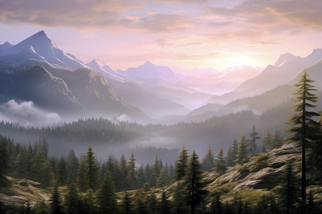 Pink dawn over pines — full design