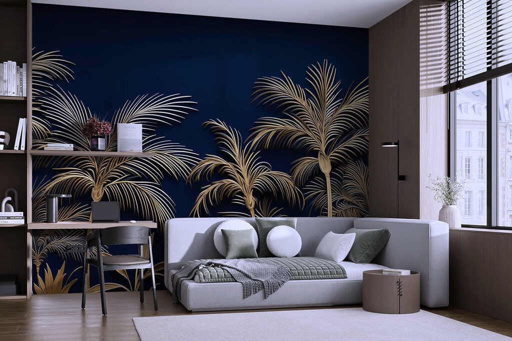 Golden palms on blue — interior 1