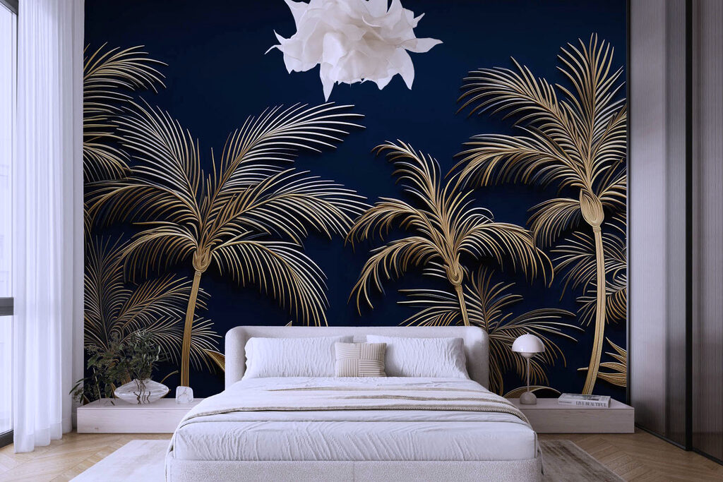 Golden palms on blue — interior 2
