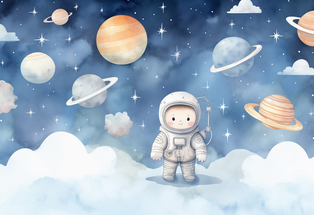 Astronaut above white clouds — full design