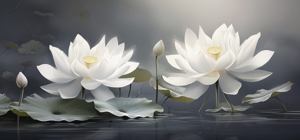 Reflections under white lotuses — full design