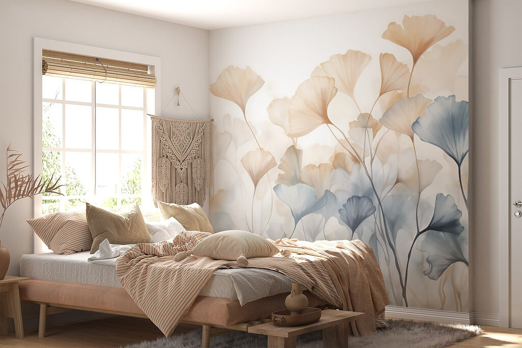 Apricot flowers beside blue — interior 1