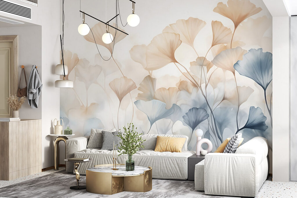 Apricot flowers beside blue — interior 4