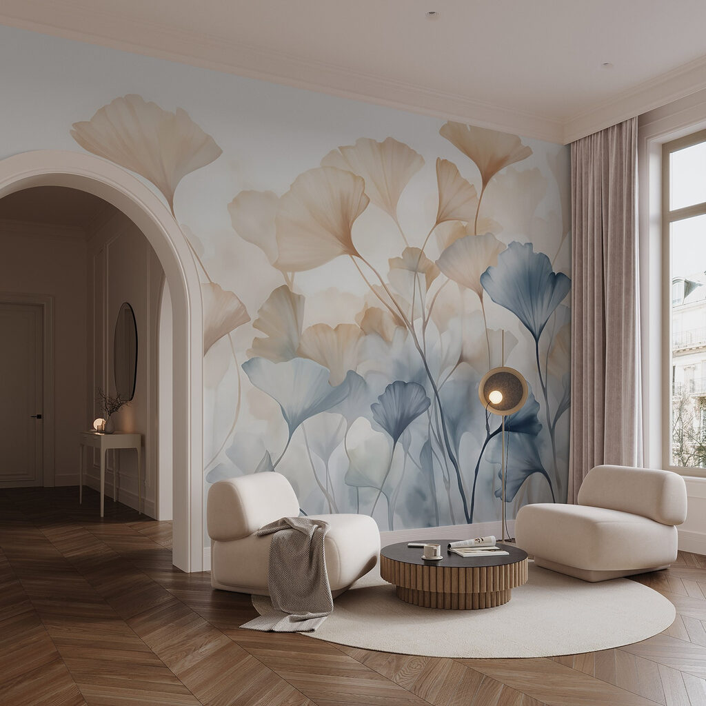 Apricot flowers beside blue — interior 5
