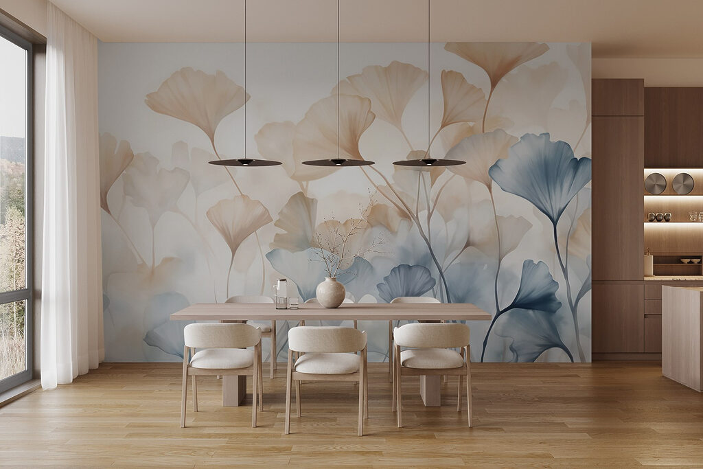 Apricot flowers beside blue — interior 6