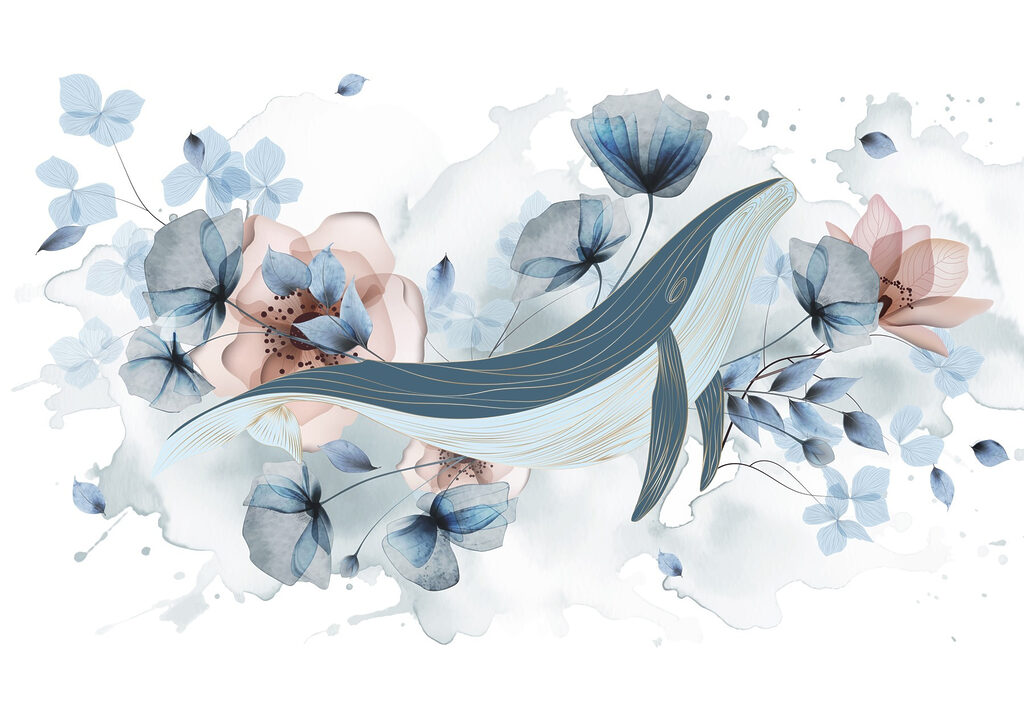 Whale among blue flowers — full design