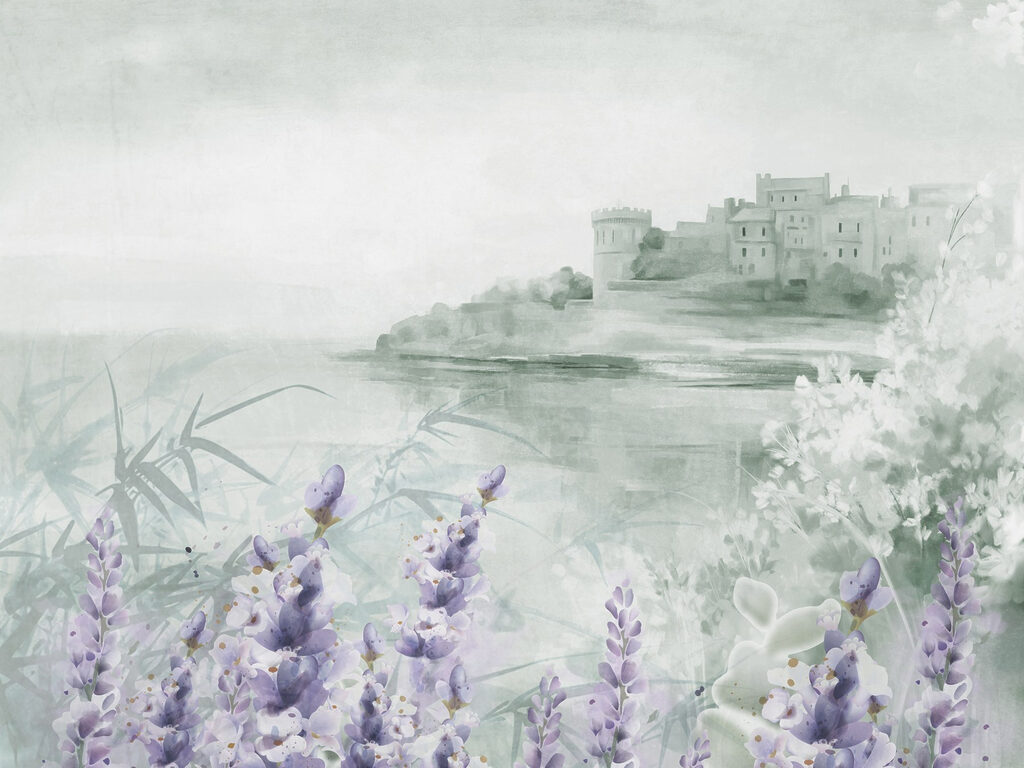 Misty lakeshore flowers — full design