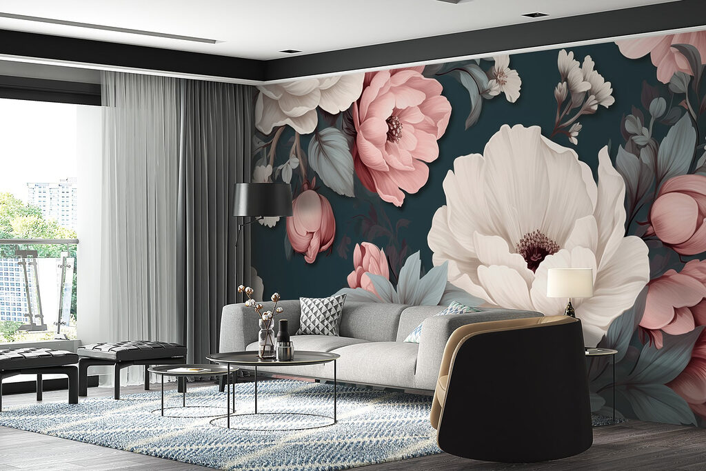 Pink peonies on teal — interior 3