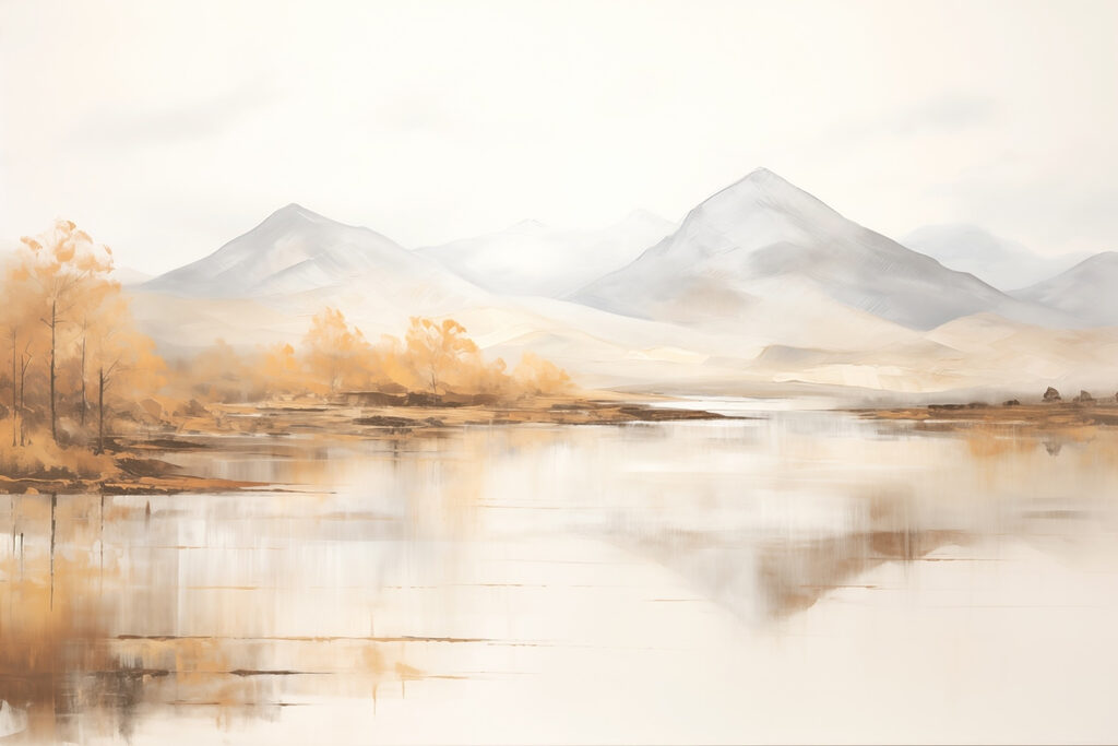 Golden trees by lake — full design