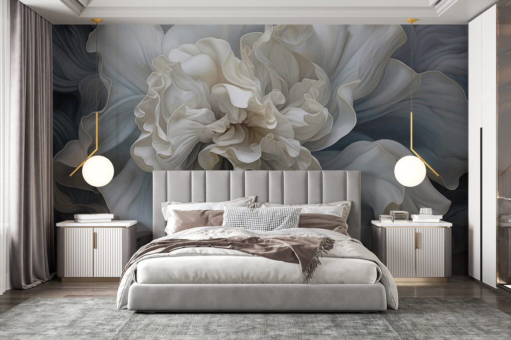 White flower, blue waves — interior 2
