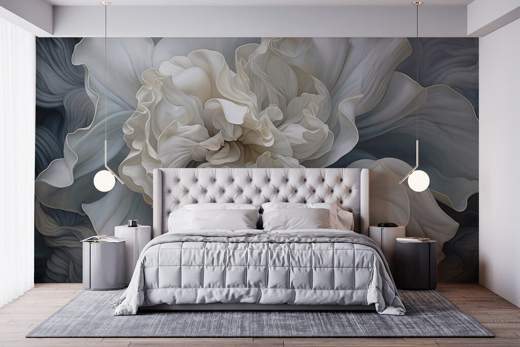 White flower, blue waves — interior 4