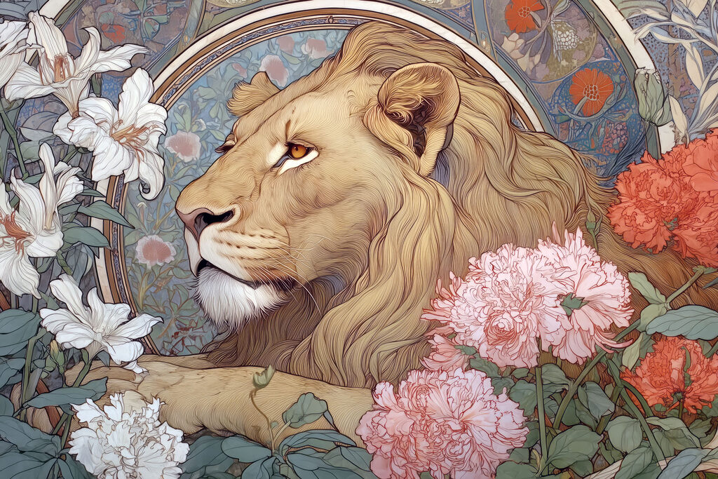 Lion among flowers — full design