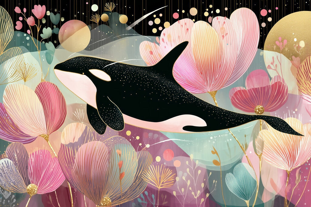 Orca among pink flowers — full design