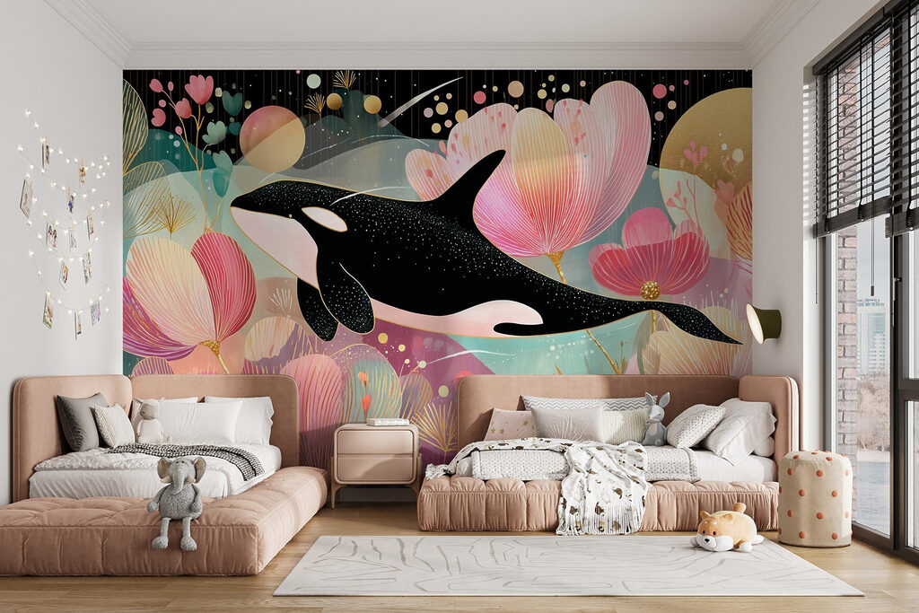 Orca among pink flowers — interior 1