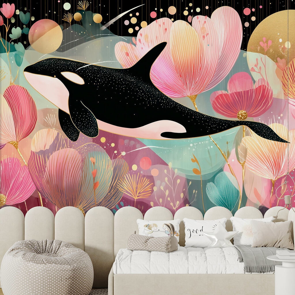 Orca among pink flowers — interior 2