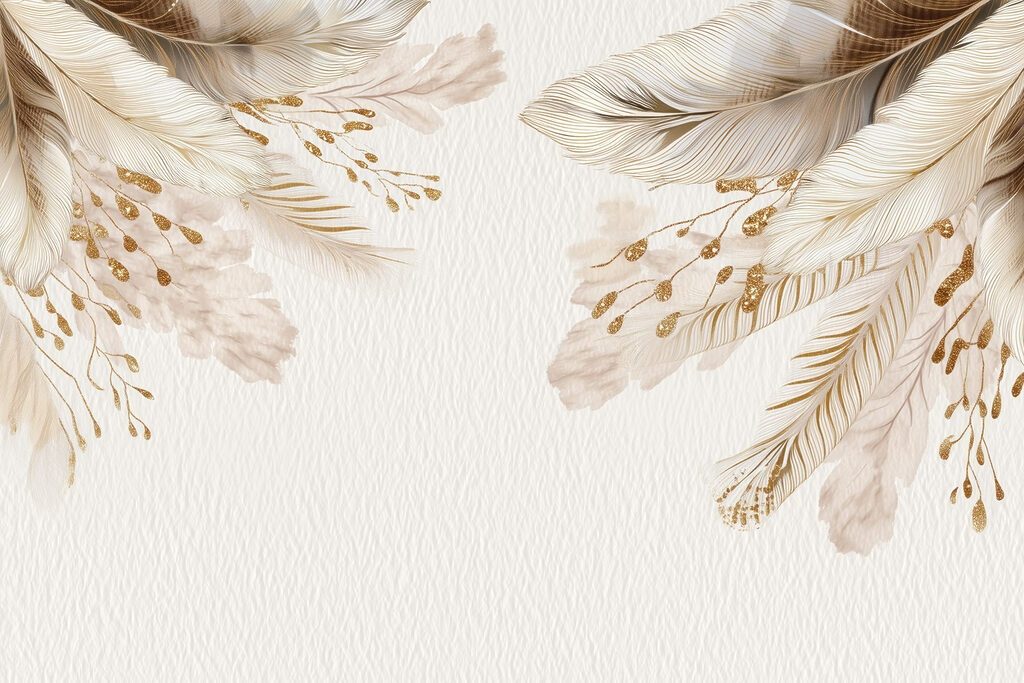 Golden feathers frame white — full design
