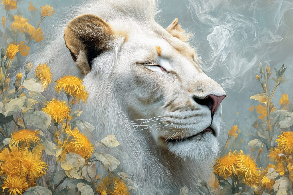 White lioness among flowers — full design