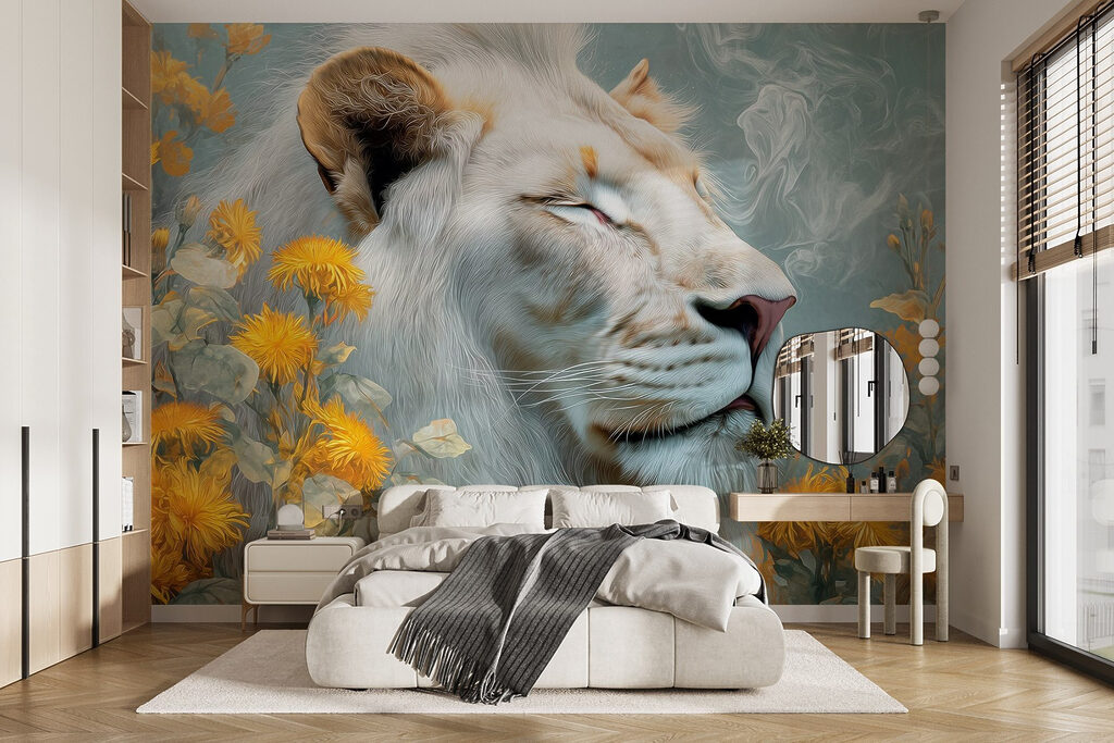White lioness among flowers — interior 1