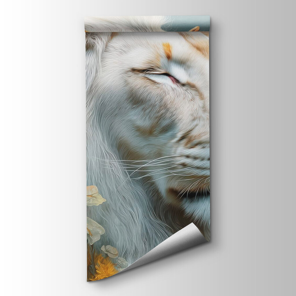 White lioness among flowers — product view