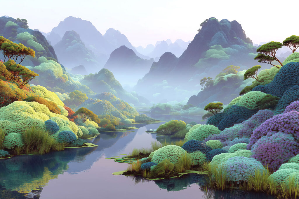 River among colourful trees — full design